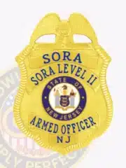 Photo showcasing a custom gold eagle top metal badge for SORA Level 2 with safety pin attachment; the badge has a gleaming gold finish with an eagle figure on top, vivid blue text, and the official New Jersey state insignia clearly displayed in the middle.