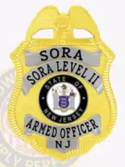 Gold and silver custom badge for SORA Level II armed officers featuring a raised eagle at the top, silver panels with black embossed text including "NJ," State of New Jersey seal in the middle, and a safety pin attachment on the back.
