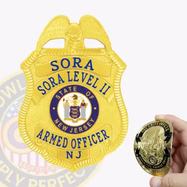 Close-up of a custom gold eagle top flex badge for SORA Level 2 with velcro attachment, featuring the text "SORA Level II Armed Officer NJ" in blue on a bright gold shield with an eagle perched on top, and the New Jersey state seal prominently displayed in the center.