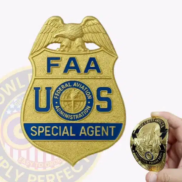 Close-up of a custom gold eagle top flex badge for FAA, the special agent with velcro attachment, featuring a flexible gold shield-shaped badge with detailed eagle emblem, blue embossed text "FAA U S," and a blue background panel at the bottom labeled "SPECIAL AGENT."