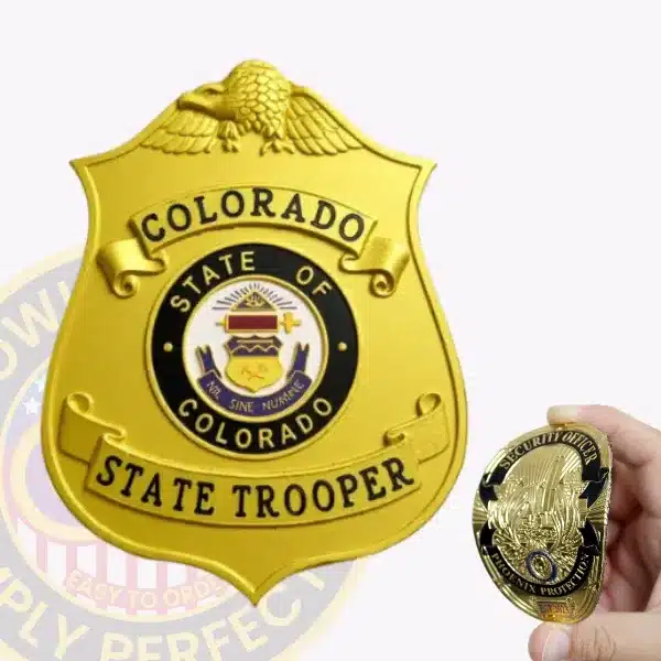 Gold-colored flex badge designed for Colorado State Trooper, showcasing a raised eagle emblem at the top and velcro backing for secure attachment.