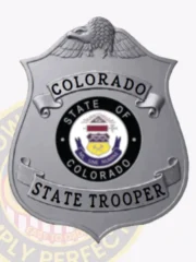 Detailed custom silver metal badge for Colorado State Trooper, showcasing an eagle emblem on top, central state seal, and safety pin attachment for securing.
