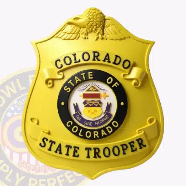Custom gold PVC badge with an eagle on top, designed for Colorado State Trooper, featuring velcro attachment and detailed embossed lettering.