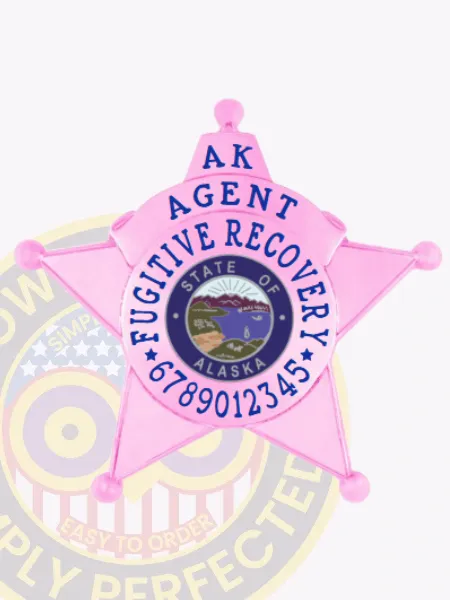 Custom BCAM pink 5-point star metal badge for Fugitive Recovery agents, featuring "AK" and "AGENT FUGITIVE RECOVERY" text in blue, with the State of Alaska seal at the center and a unique identification number below, equipped with a safety pin attachment.