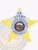 Detailed image of a custom gold 5-point star badge with gold panels and silver highlights for Fugitive Recovery agents in Alaska, showing the state seal prominently in the center, surrounded by blue text and an ID number, with a safety pin fastener.