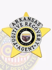 Gold star-shaped metal badge with silver top banner and center ring, designed for Arkansas Fugitive Recovery agents, showing the State of Arizona seal in the middle, surrounded by bold black lettering, secured by a safety pin on the back.