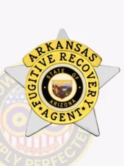 Detailed image of a custom silver 5-point star badge with gold panels for Fugitive Recovery agents in Arkansas, showing the Arizona state seal in the center, encircled by gold rings with black text "FUGITIVE RECOVERY AGENT," and a safety pin fastener.