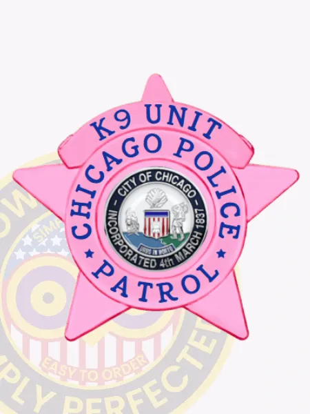 Close-up of a bright pink metal 5-point star badge for the Chicago Police K9 Unit, with blue lettering and the official Chicago city seal in the center, equipped with a safety pin for secure fastening.