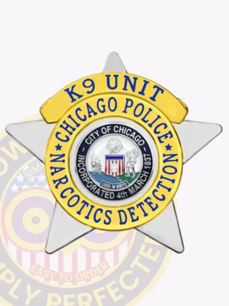 Close-up image of a silver metal 5-point star badge designed for Chicago Police K9 Unit Narcotics Detection, highlighted by a gold banner and ring with blue embossed text, centered by the official City of Chicago emblem, equipped with a safety pin on the back.