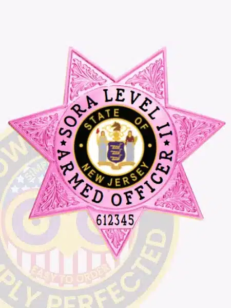 Custom BCAM pink seven-point star metal badge for SORA Level II armed officer, featuring detailed floral engravings and the New Jersey state seal in the center, with a safety pin attachment.