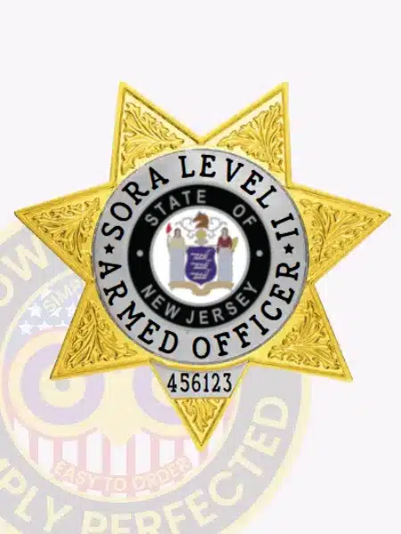 Metal badge in gold with silver panels shaped as a seven-point star, labeled "SORA Level II Armed Officer," featuring the New Jersey state seal and a safety pin attachment for easy wear.