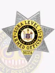 Silver seven-point star badge with gold accents designed for SORA Level II armed officers, displaying "SORA Level II Armed Officer" text and the New Jersey state emblem, equipped with a safety pin for fastening.
