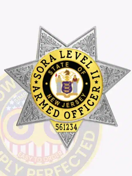 Silver seven-point star badge with gold accents designed for SORA Level II armed officers, displaying "SORA Level II Armed Officer" text and the New Jersey state emblem, equipped with a safety pin for fastening.