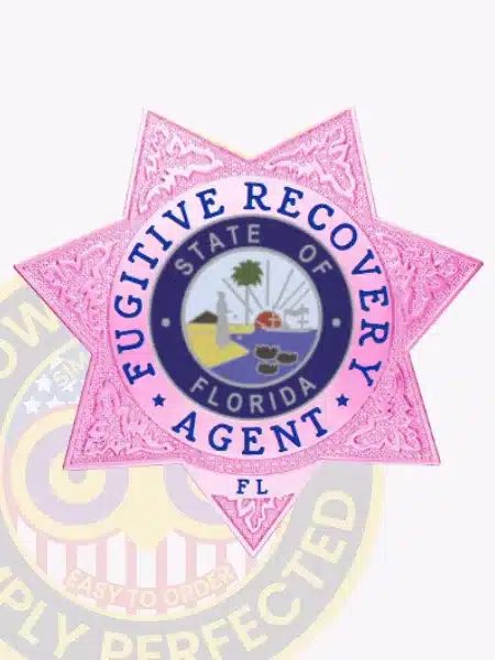 Custom BCAM pink 7-point star metal badge for Fugitive Recovery Agents featuring the State of Florida seal in the center and safety pin attachment on the back.