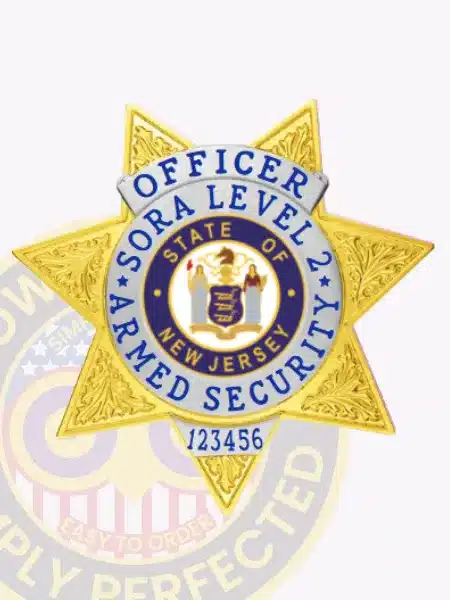 SORA Level 2 officer badge in a custom gold 7-point star shape with silver panels, showcasing the official State of New Jersey seal at the center, 'OFFICER SORA LEVEL 2 ARMED SECURITY' text in blue on a silver ring, and a unique serial number at the bottom, secured by a safety pin.