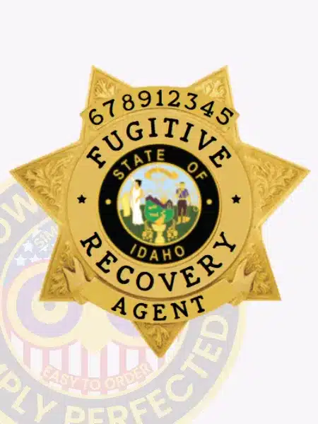 Seven-point star gold badge designed for Fugitive Recovery Agents, displaying the "State of Idaho" seal in the center, bold black lettering around the seal, identification number on top, and a safety pin fastener on the back.