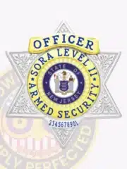 Silver six-point star badge with gold accents designed for SORA Level II armed security officers, displaying "OFFICER" and New Jersey state emblem, equipped with a safety pin for secure wear.