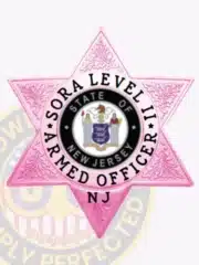 Custom BCAM pink six-point star metal badge for SORA Level II armed officer, featuring detailed floral engraving on each point, bold black text around a circular center, the State of New Jersey seal in the middle, and "NJ" at the bottom.