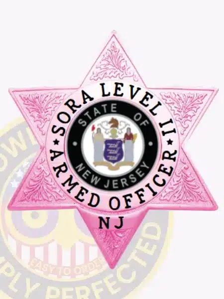Custom BCAM pink six-point star metal badge for SORA Level II armed officer, featuring detailed floral engraving on each point, bold black text around a circular center, the State of New Jersey seal in the middle, and "NJ" at the bottom.
