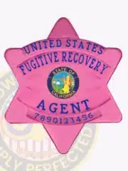 Custom BCAM pink 6-point star metal badge for Fugitive Recovery Agent, featuring the State of California seal in the center. The badge includes the text 'United States Fugitive Recovery Agent' and an agent number 7890123456, with a safety pin attachment.