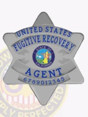 Law enforcement badge in silver, designed as a 6-point star with 'United States Fugitive Recovery Agent' text and the State of California seal at the center. The badge includes an agent number 6789012345 and features a safety pin on the back for attachment.