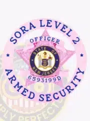 Custom BCAM pink metal badge with circular banner design for SORA Level II armed officer, featuring blue embossed text "SORA LEVEL 2 ARMED SECURITY" around the circle, a pink star with detailed eagle engraving, the State of New Jersey seal in the center, and badge number 6593199D.