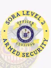 Gold five-point star badge set within a silver circular banner for SORA Level II armed security officers, showing blue lettering around the edge, an engraved silver star behind the New Jersey state seal, and unique ID 6593199D on a gold scroll.