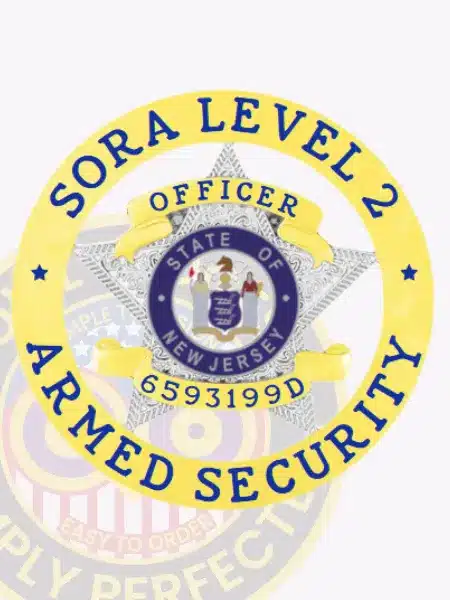 Gold five-point star badge set within a silver circular banner for SORA Level II armed security officers, showing blue lettering around the edge, an engraved silver star behind the New Jersey state seal, and unique ID 6593199D on a gold scroll.