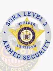 Close-up image of a custom gold five-point star metal badge for SORA Level II armed officer, displaying a silver circular band with blue text, an intricately engraved gold star with eagle details, the State of New Jersey seal in the middle, and badge number 6593199D.