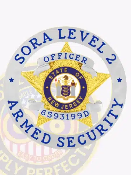 Close-up image of a custom gold five-point star metal badge for SORA Level II armed officer, displaying a silver circular band with blue text, an intricately engraved gold star with eagle details, the State of New Jersey seal in the middle, and badge number 6593199D.