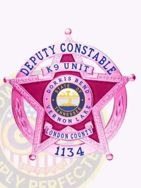 ink metal 5-point star badge surrounded by a circle banner inscribed "Deputy Constable," highlighting "K9 Unit," "Morris Bend Vernon Lake," and "London County," including the Tennessee state seal at the center, designed with a safety pin fastener.