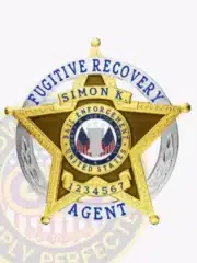 Custom gold 5-point star metal badge with silver banner for Fugitive Recovery Agent, personalized with the name Simon K., featuring a safety pin attachment. The badge displays the United States Bail Enforcement emblem with an American flag and stars in the center.