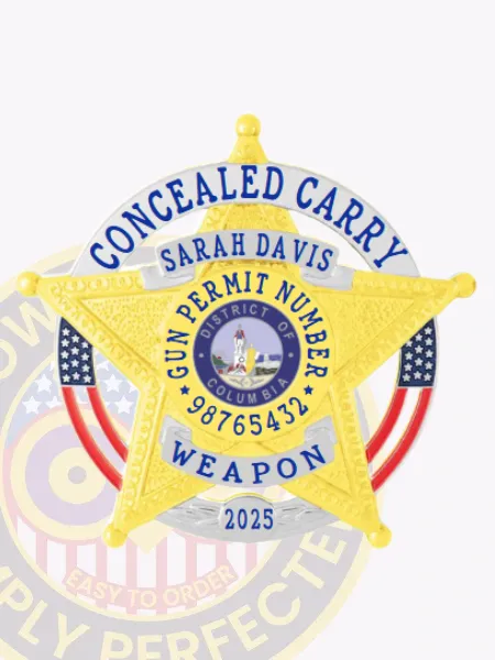 Gold star-shaped concealed carry badge with a silver circle banner reading 'Concealed Carry', personalized with 'Sarah Davis', permit number, and year 2025, equipped with a safety pin for secure fastening.