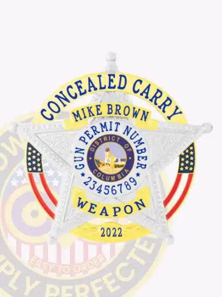 Custom silver 5-point star metal badge with gold circular banner reading 'Concealed Carry' and personalized name 'Mike Brown', featuring a safety pin attachment for easy wear, designed for concealed carry permits.