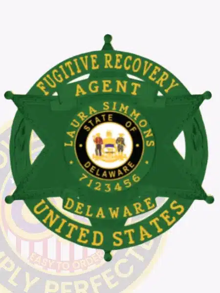 Custom St. Patrick's Day green 6-point star metal badge with a circular banner for Fugitive Recovery Agent. The badge is personalized with the name Laura Simmons and agent number 7123456, featuring the State of Delaware seal in the center, surrounded by gold lettering, and includes a safety pin attachment.
