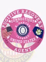 Law enforcement badge shaped as a BCAM pink 6-point star within a circular banner that reads 'Fugitive Recovery Agent United States.' The center features the State of Connecticut emblem, personalized with E. Carter's name and agent number 1234567, flanked by U.S. and Connecticut flags, with a safety pin fastening.