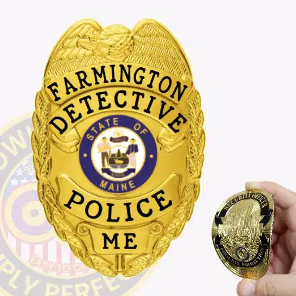 Custom gold eagle top flex badge for Farmington Police Detective with “FARMINGTON DETECTIVE POLICE ME” embossed in black letters and the State of Maine seal in the center, featuring a velcro attachment for easy wearing.