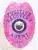 Custom BCAM pink metal badge for Fugitive Recovery Agent featuring an eagle at the top, embossed laurel wreath border, the Arizona state seal in the center with a detailed landscape emblem, blue lettering for "Fugitive Recovery Agent," and identification number 454471, with a safety pin attachment.