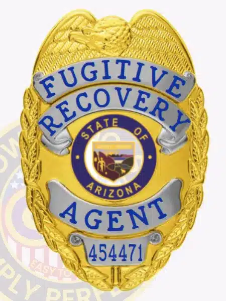 Personalized gold and silver metal badge for Fugitive Recovery Agents, showing a detailed eagle design at the top, silver banners with blue lettering including "Fugitive Recovery" and "Agent," the Arizona state seal in the center, and a safety pin attachment.