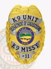Close-up of a custom gold metal badge for Ohio Department of Corrections K9 Unit, showing an eagle at the top, silver banners with black text, Ohio state seal in the middle, and a safety pin attachment on the reverse.