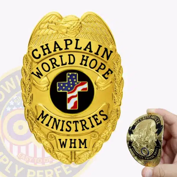 Custom gold flex badge for World Hope Ministries chaplain, featuring a detailed eagle at the top, with "CHAPLAIN WORLD HOPE MINISTRIES WHM" text surrounding a patriotic cross emblem, designed with a Velcro attachment for easy wear.