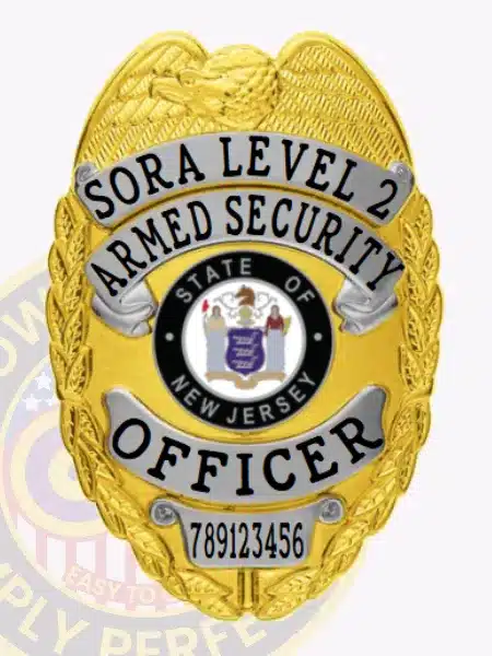Close-up image of a custom gold metal badge for SORA Level 2 armed security officers, showing silver banners with black embossed text, an eagle motif at the top, the State of New Jersey seal in the center, and a safety pin attachment on the reverse.