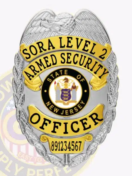 Silver metal SORA Level 2 armed security badge with gold panels, showing an eagle design at the top, bold black lettering on gold banners, official New Jersey state seal in the center, and a safety pin fastener for secure wear.