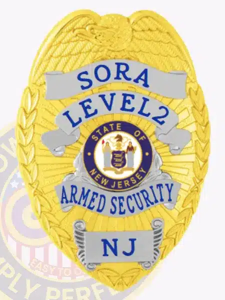 Gold metal SORA Level 2 armed security badge with silver panels, showcasing a raised eagle design, blue lettering on silver banners, official New Jersey state seal in the center, and a safety pin fastener for secure wear.