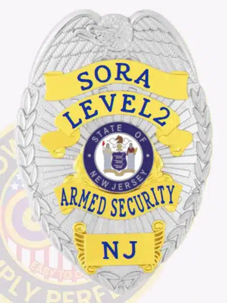 Custom silver metal badge with gold panels for SORA Level 2 armed security, featuring a detailed eagle at the top, blue embossed text on gold banners, the State of New Jersey seal in the center, and a safety pin attachment on the back.