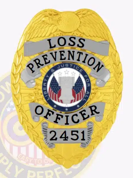 Picture of a gold and silver custom badge for Lost Prevention Officers, topped by an eagle figure, silver banners bearing the black letters "LOSS PREVENTION OFFICER 2451," and a detailed central seal with American symbols, finished with a safety pin for attachment.