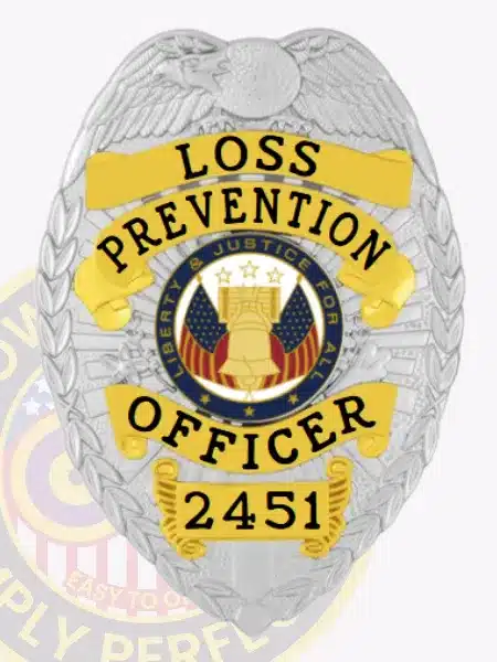 High-resolution photo of a silver metal badge for Lost Prevention officers, featuring an eagle at the crest, prominent gold panels with black engraved text "LOSS PREVENTION OFFICER 2451," and a central seal with patriotic symbols, equipped with a safety pin fastening.