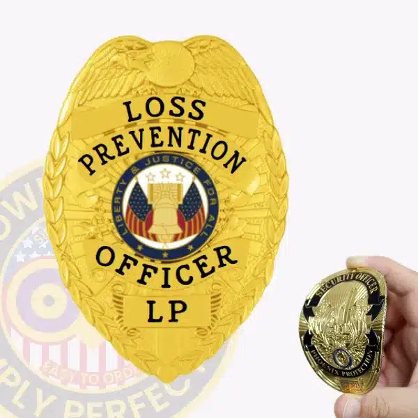 Close-up of a custom gold Lost Prevention Officer flex badge with an eagle at the top, detailed embossed design, and bold black lettering reading "LOSS PREVENTION OFFICER LP," featuring a central seal with American flags and the motto "Liberty Justice For All," attached with velcro for easy wear.
