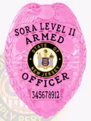 Bright pink BCAM metal badge designed for SORA Level II armed officers, showing an eagle emblem at the top, black lettering that reads "SORA LEVEL II ARMED OFFICER," a central New Jersey state seal, and a safety pin fastener.