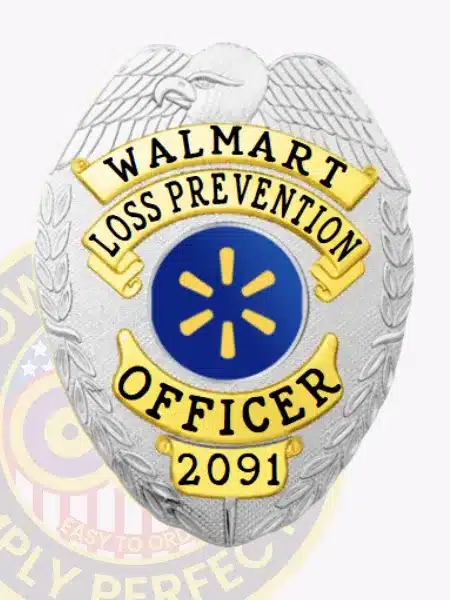 High-resolution photo of a silver metal badge for Walmart Loss Prevention Officers, crowned by an eagle figure, gold panels with bold black text "WALMART LOSS PREVENTION OFFICER 2091," and a central blue Walmart logo, attached with a safety pin on the back.